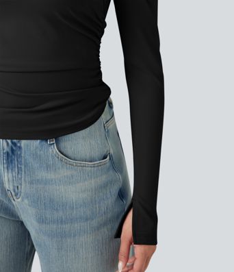 Firkantet Hals Delt Langermet Rynket Slim Avslappet Topp