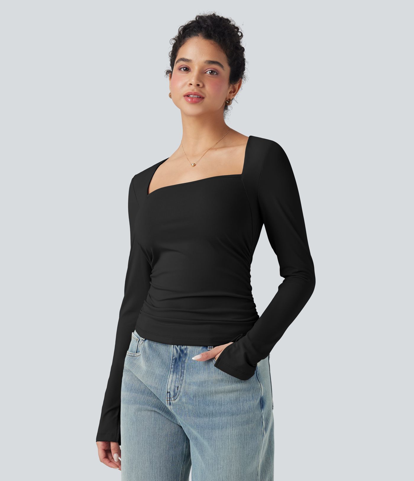 Firkantet Hals Delt Langermet Rynket Slim Avslappet Topp