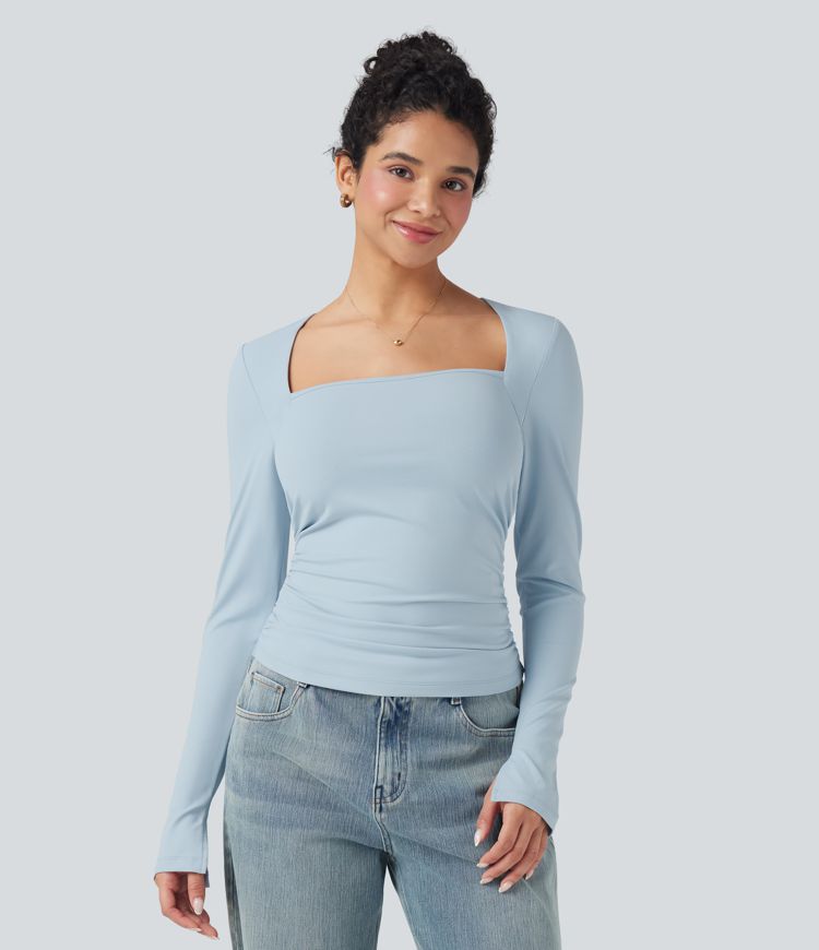 Square Neck Split Long Sleeve Ruched Slim Casual Top
