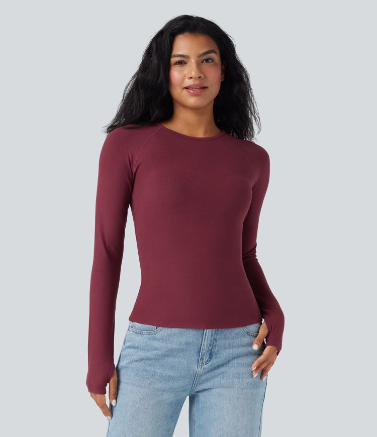 Halara HeatCore Round Neck Long Sleeve Thumb Holes Slim Casual Warming Top