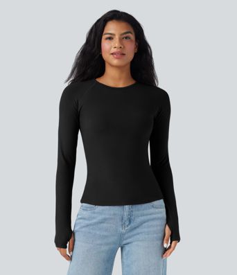 Halara HeatCore Round Neck Long Sleeve Thumb Holes Slim Casual Warming Top