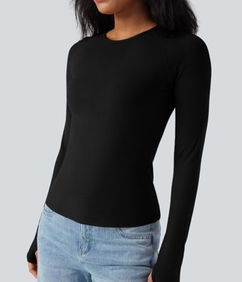 Halara HeatCore Round Neck Long Sleeve Thumb Holes Slim Casual Warming Top