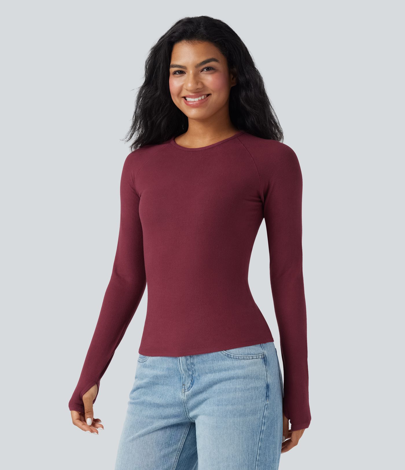 Halara HeatCore Round Neck Long Sleeve Thumb Holes Slim Casual Warming Top