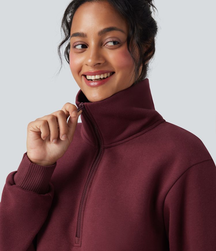 Sudadera casual holgada de polar con media cremallera y bolsillos