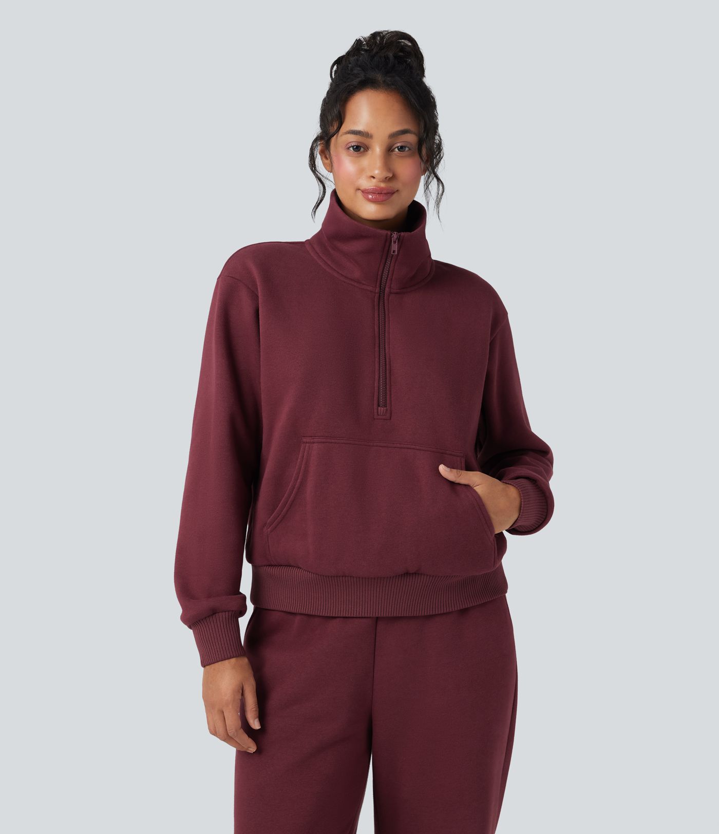 Half Zipper Fleece Relaxed Casual Sweatshirt with Pockets