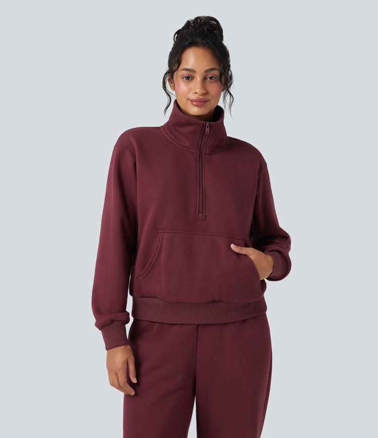 Sudadera casual holgada de polar con media cremallera y bolsillos