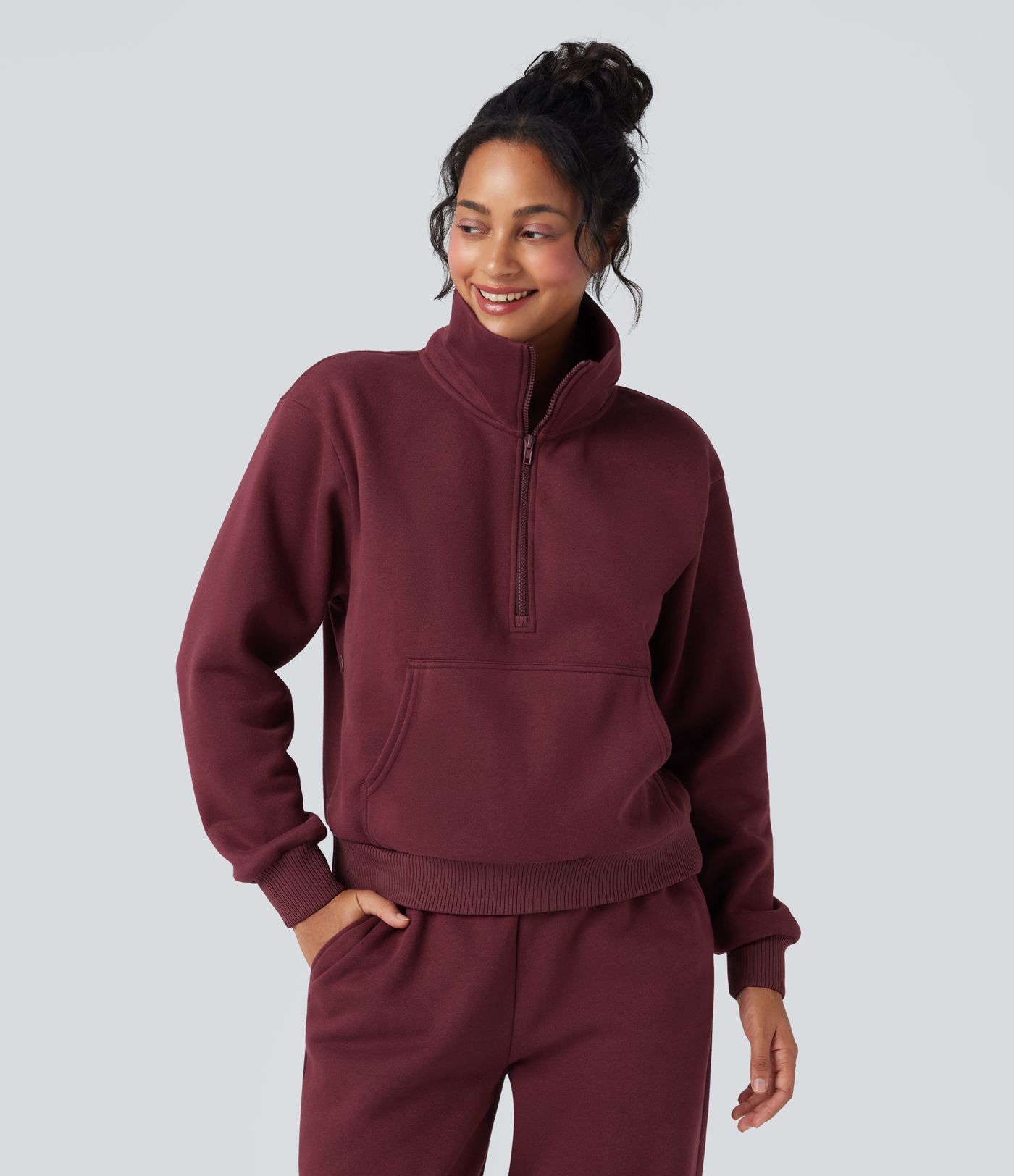 Half Zipper Fleece Relaxed Casual Sweatshirt with Pockets