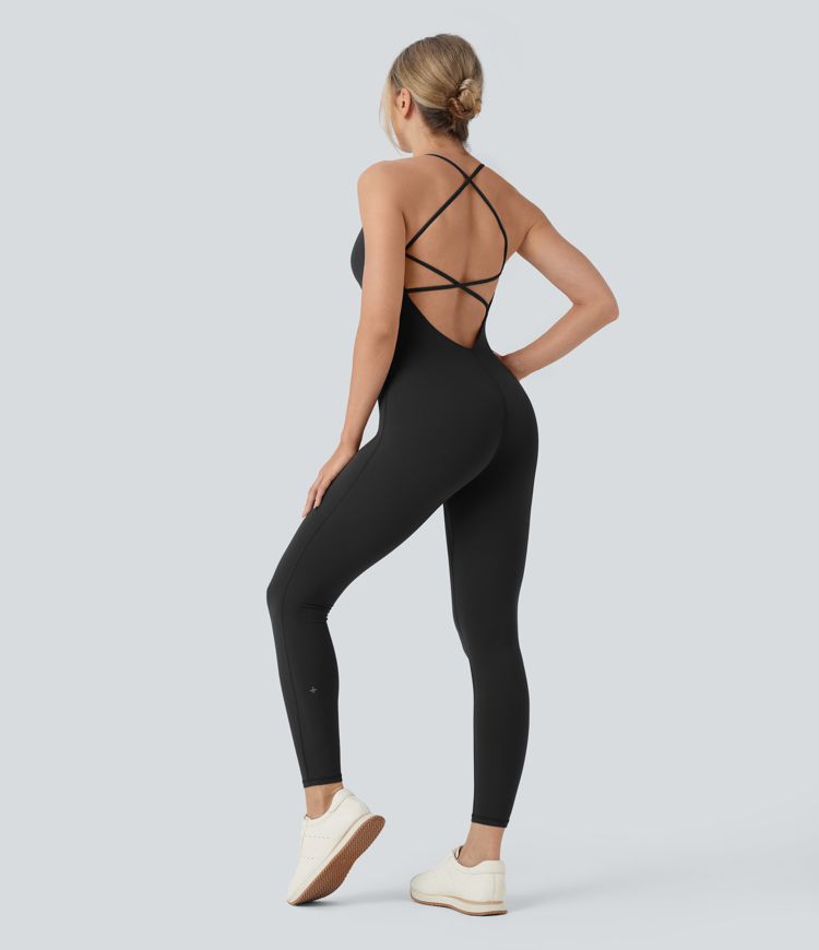 Combinaison de yoga moulante SoftlyZero™ sans manches dos nu à bretelles croisées