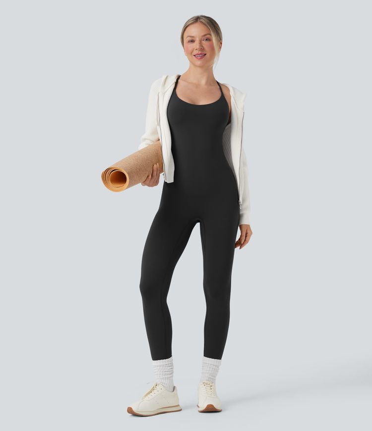 Combinaison de yoga moulante SoftlyZero™ sans manches dos nu à bretelles croisées