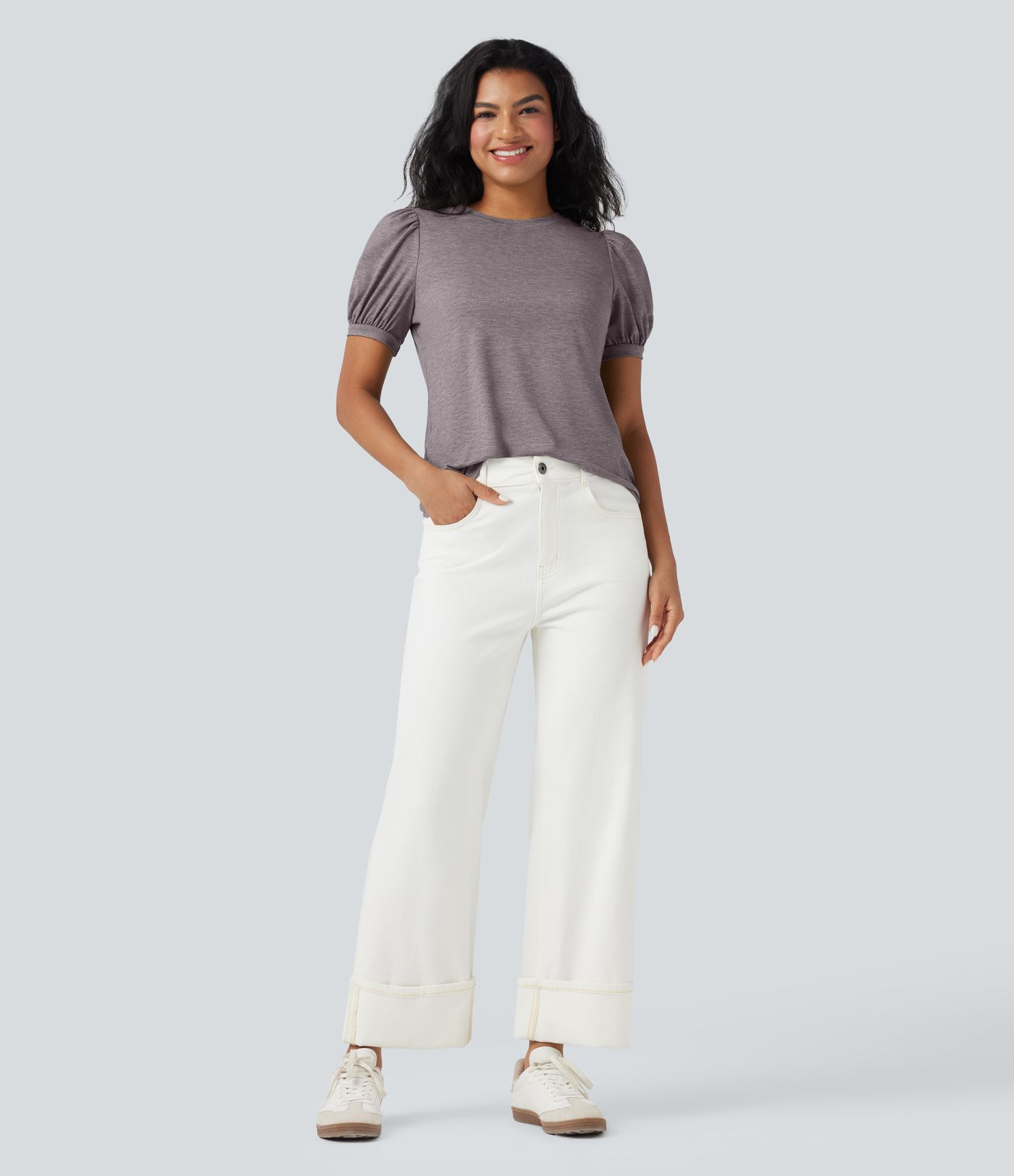 Round Neck Short Puff Sleeve Casual Top