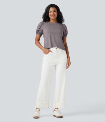 Round Neck Short Puff Sleeve Casual Top