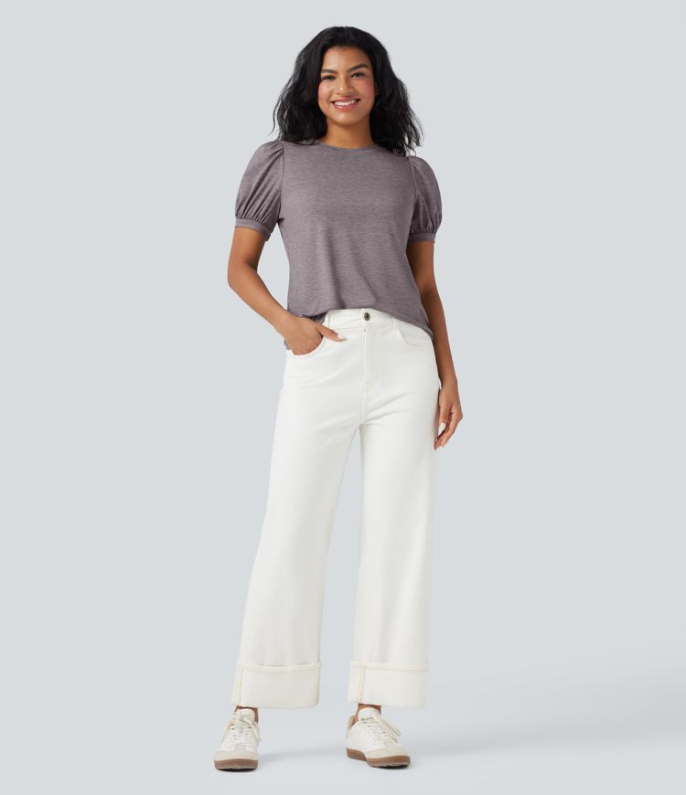 Round Neck Short Puff Sleeve Casual Top