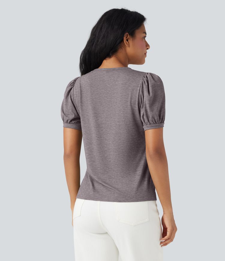 Round Neck Short Puff Sleeve Casual Top