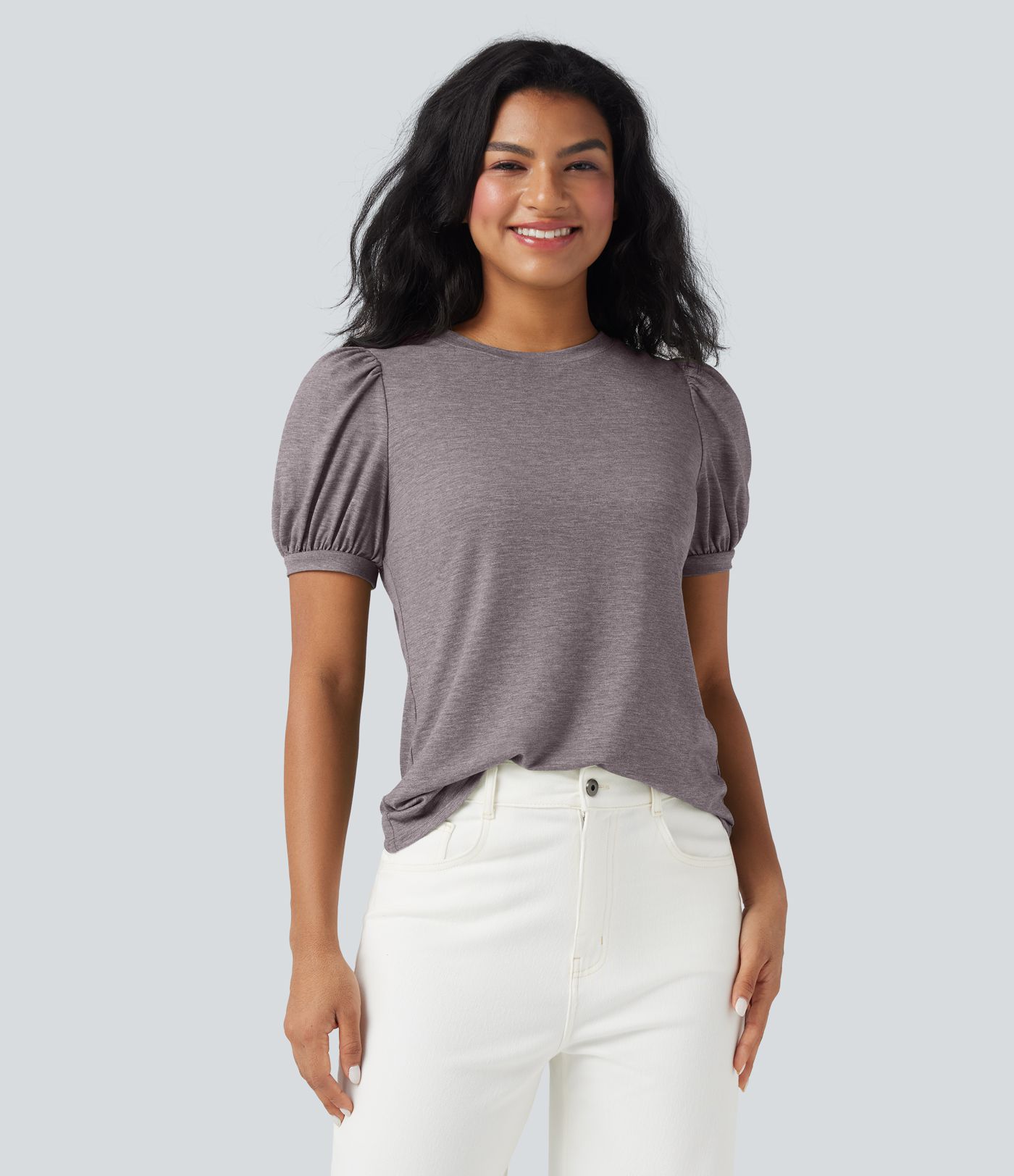 Round Neck Short Puff Sleeve Casual Top