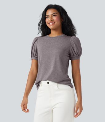 Round Neck Short Puff Sleeve Casual Top