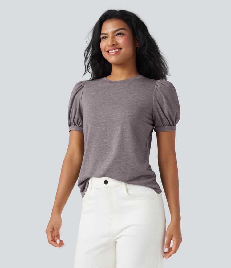 Round Neck Short Puff Sleeve Casual Top