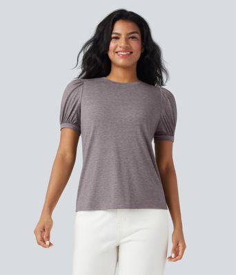 Round Neck Short Puff Sleeve Casual Top