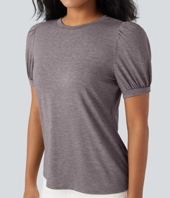 Round Neck Short Puff Sleeve Casual Top