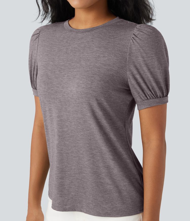 Round Neck Short Puff Sleeve Casual Top