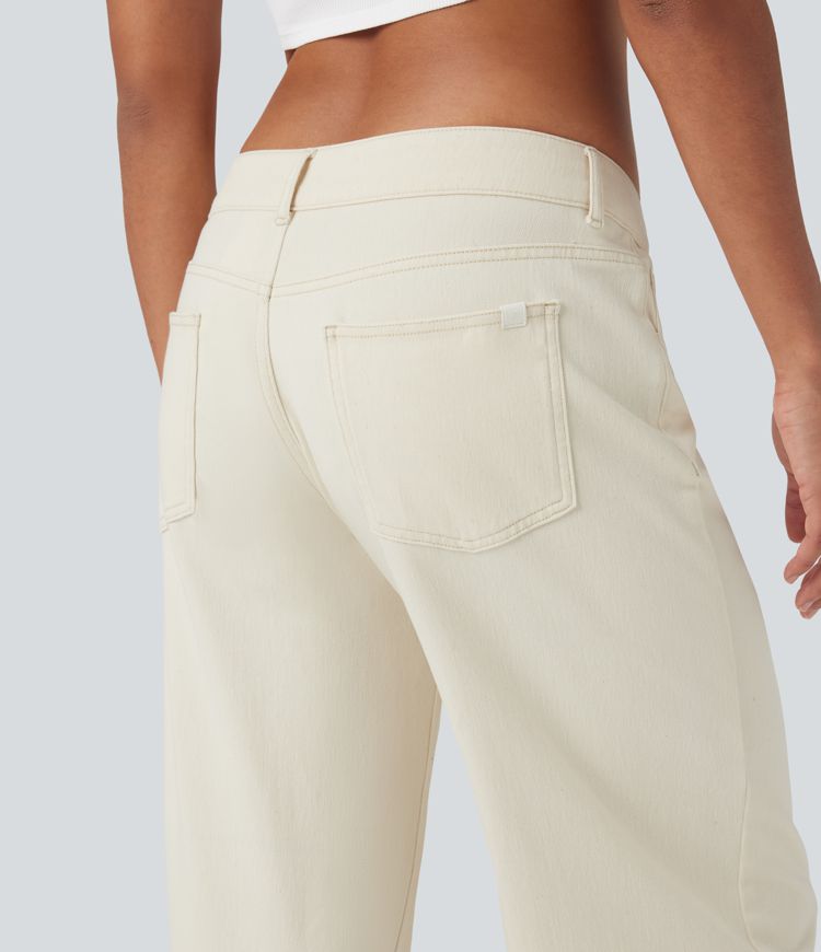 Halara Flex™ Asymmetric Low Rise Zipper Pockets Baggy Wide Leg Washed Casual Jeans