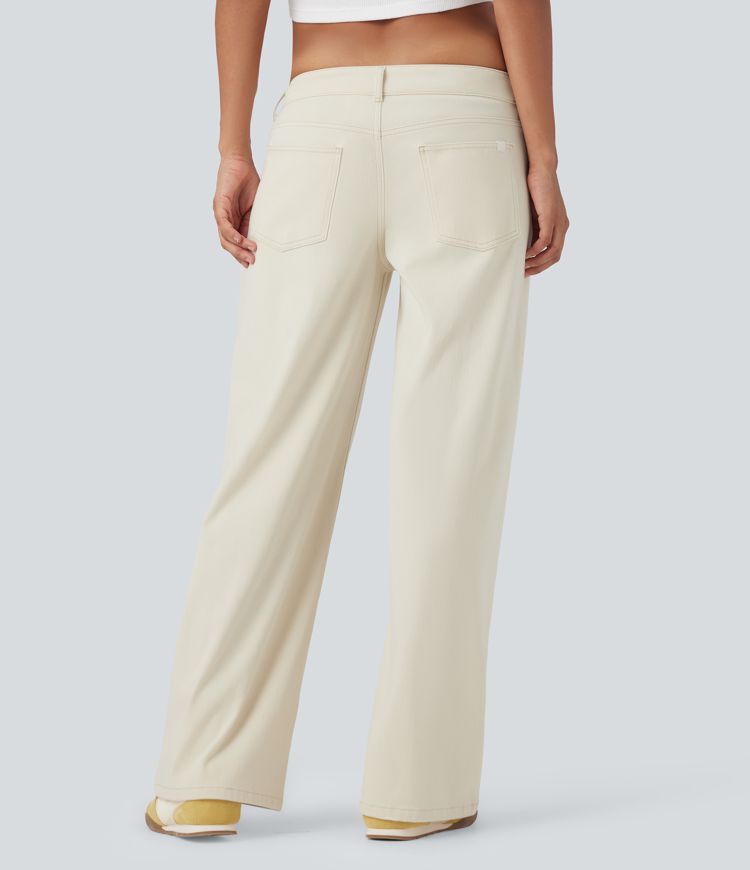 Halara Flex™ Asymmetric Low Rise Zipper Pockets Baggy Wide Leg Washed Casual Jeans