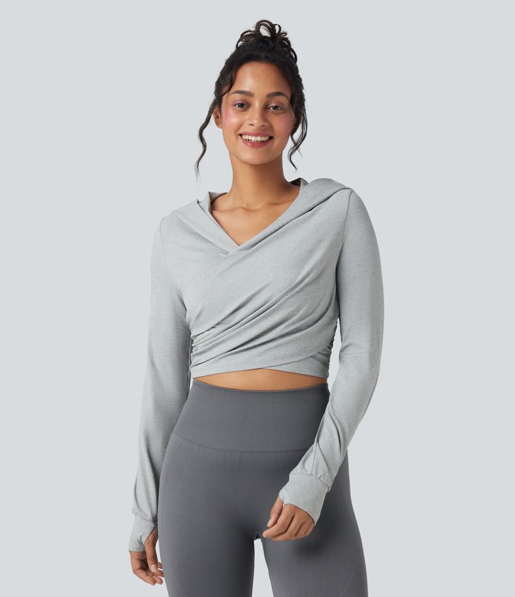 Hooded Long Sleeve Thumb Hole Cropped Workout Sports Top