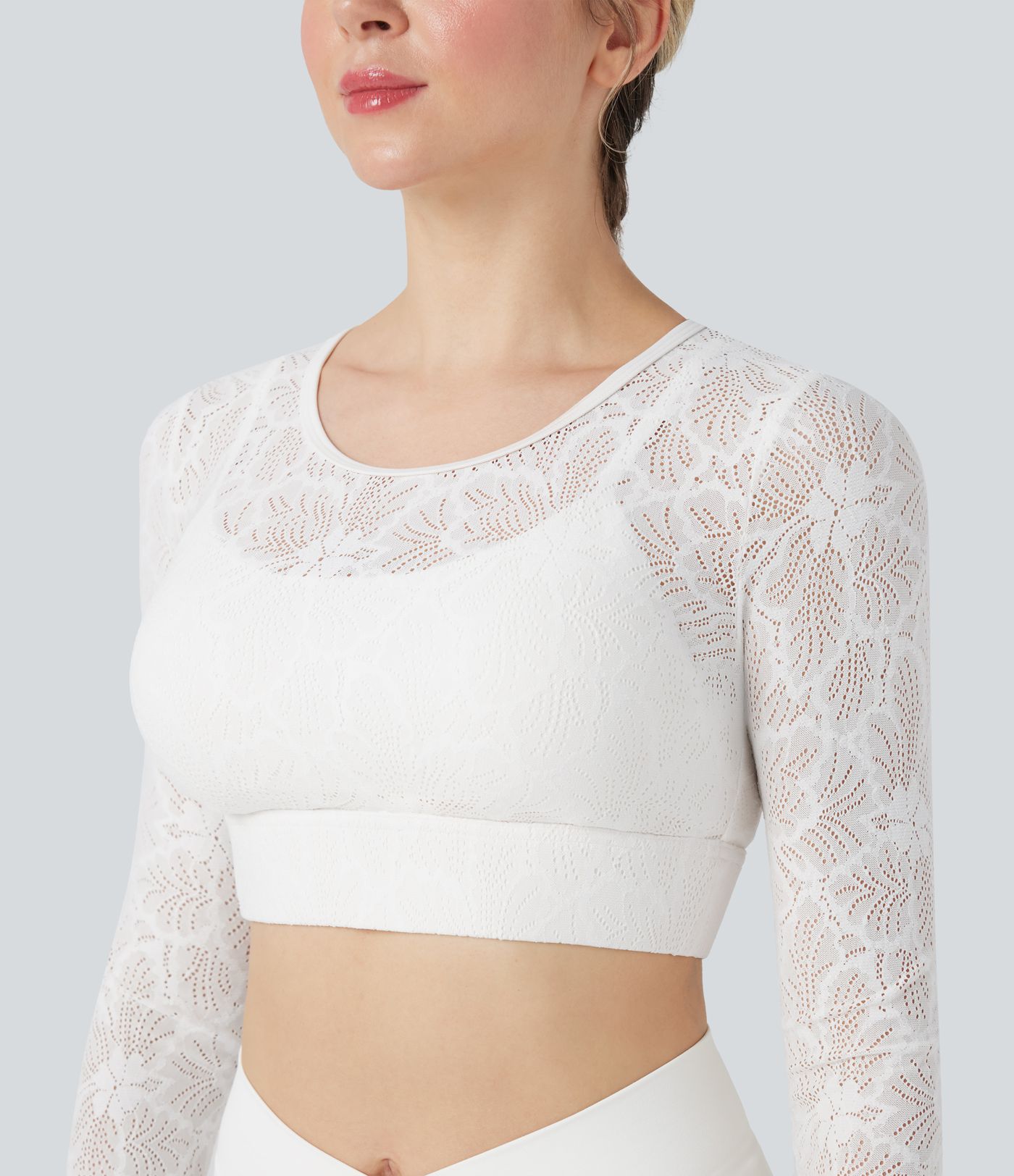Sheer Lace Molded Cups Long Sleeve Thumb Holes 2-in-1 Cropped Yoga Sports Top