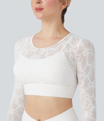 Sheer Lace Molded Cups Long Sleeve Thumb Holes 2-in-1 Cropped Yoga Sports Top