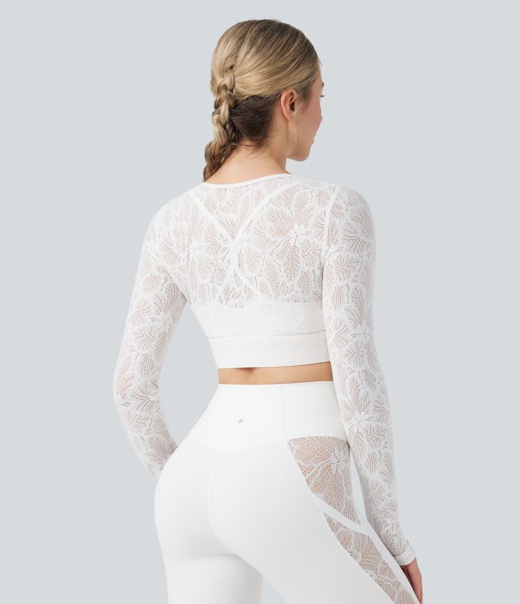 Sheer Lace Molded Cups Long Sleeve Thumb Holes 2-in-1 Cropped Yoga Sports Top