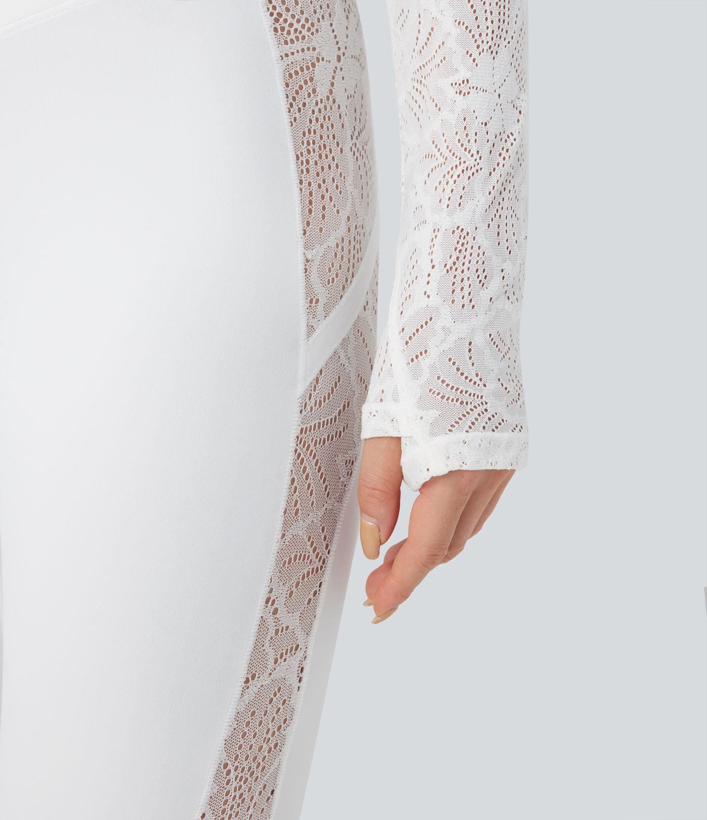 Sheer Lace Molded Cups Long Sleeve Thumb Holes 2-in-1 Cropped Yoga Sports Top
