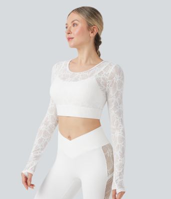 Sheer Lace Molded Cups Long Sleeve Thumb Holes 2-in-1 Cropped Yoga Sports Top
