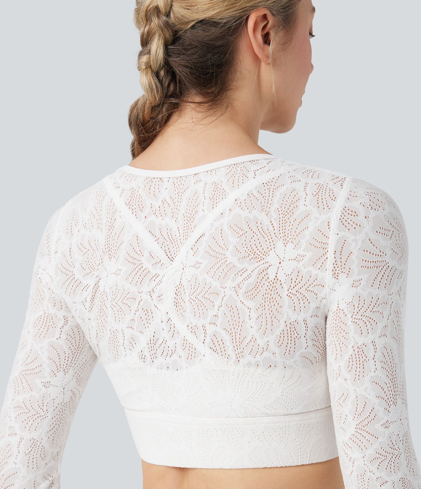 Sheer Lace Molded Cups Long Sleeve Thumb Holes 2-in-1 Cropped Yoga Sports Top