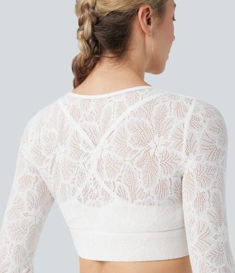 Sheer Lace Molded Cups Long Sleeve Thumb Holes 2-in-1 Cropped Yoga Sports Top
