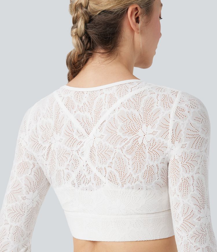 Sheer Lace Molded Cups Long Sleeve Thumb Holes 2-in-1 Cropped Yoga Sports Top