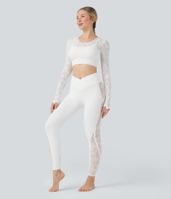 Sheer Lace Molded Cups Long Sleeve Thumb Holes 2-in-1 Cropped Yoga Sports Top