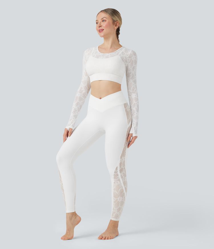 Sheer Lace Molded Cups Long Sleeve Thumb Holes 2-in-1 Cropped Yoga Sports Top