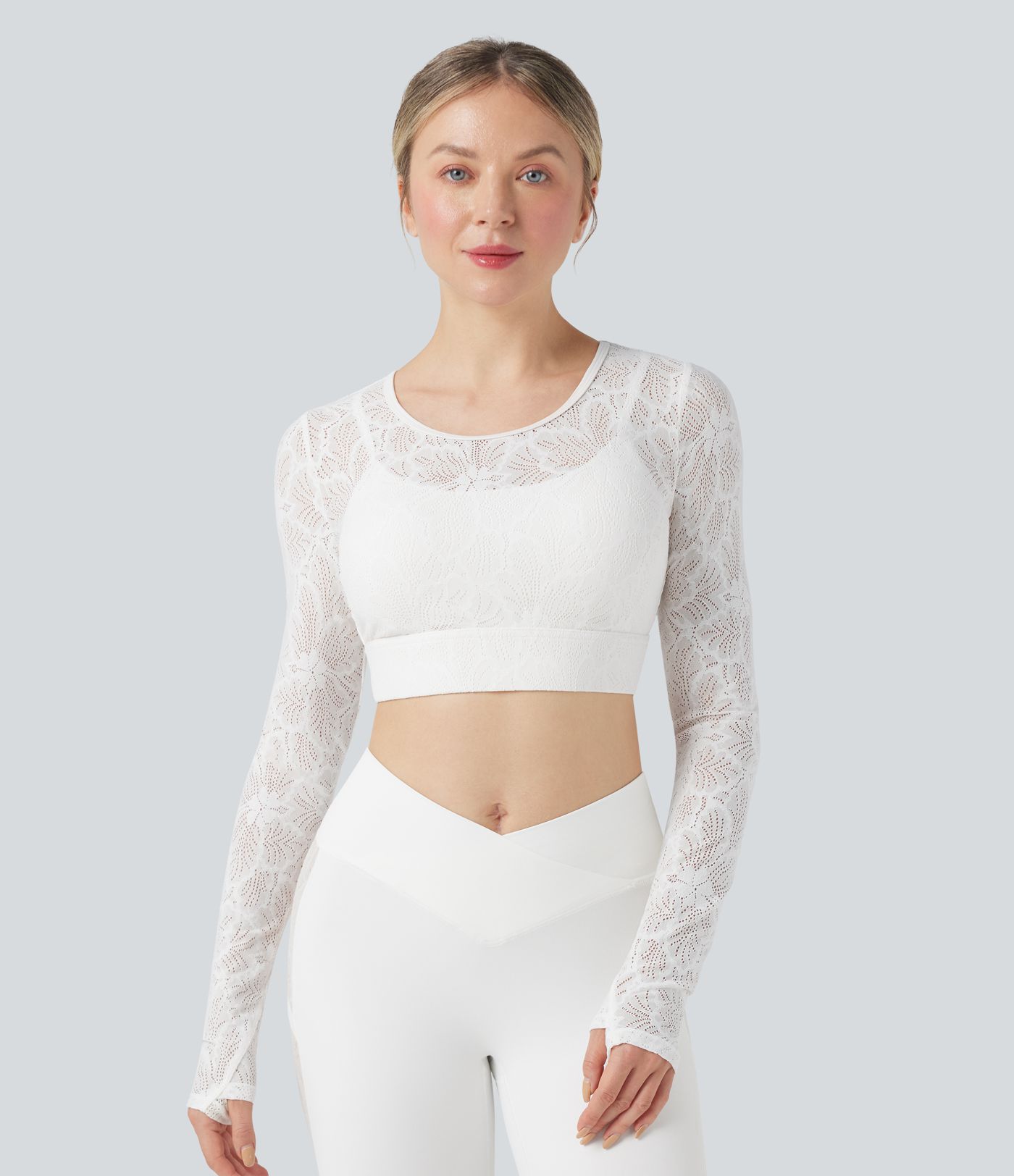 Sheer Lace Molded Cups Long Sleeve Thumb Holes 2-in-1 Cropped Yoga Sports Top