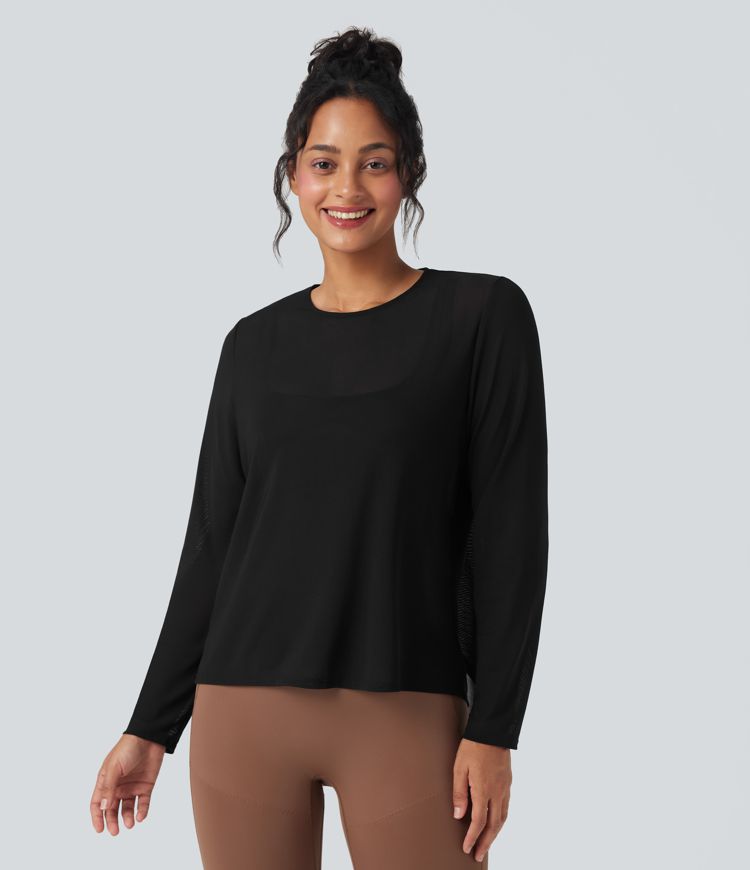Sheer Mesh Cut-out Long Sleeve Yoga Sports Top