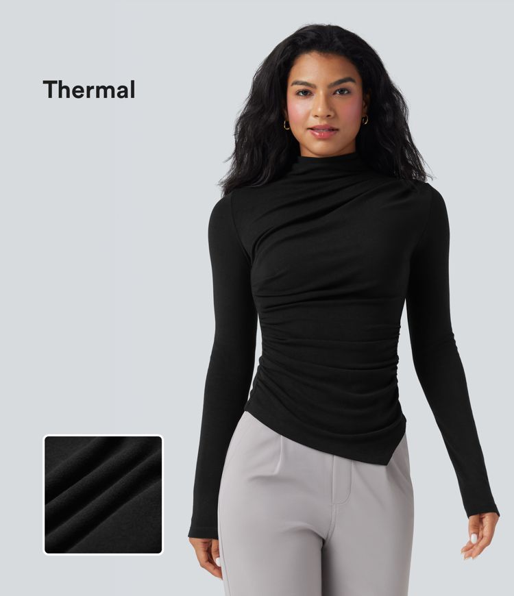 Top casual térmico de cuello alto de manga larga con dobladillo asimétrico fruncido