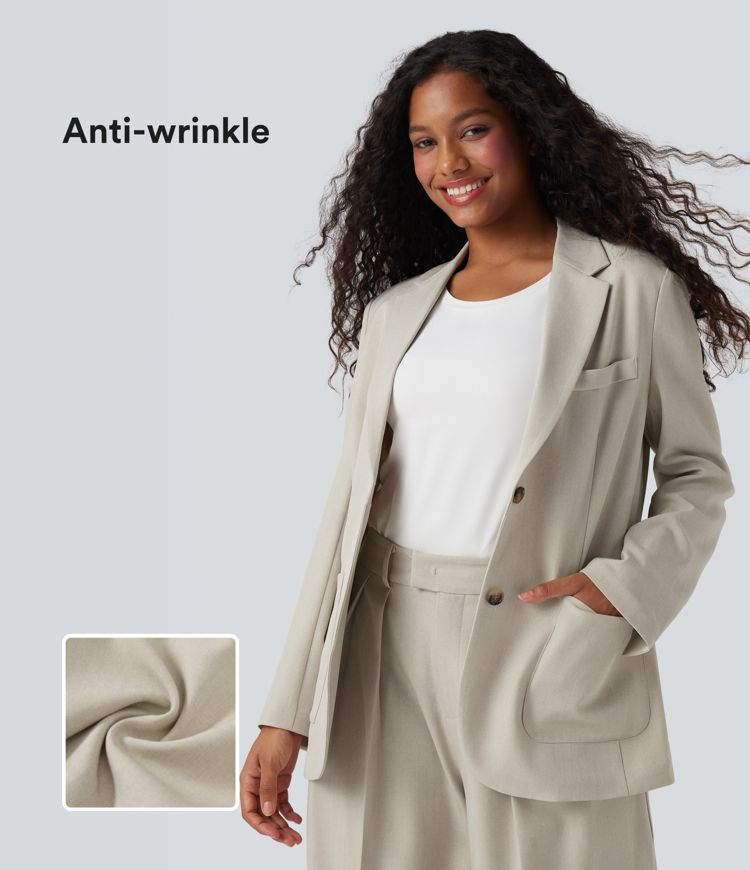 Anti-Wrinkle Notched Collar Long Sleeve Work Linen-Feel Blazer with Pockets