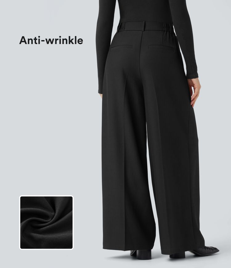 Anti-Wrinkle High Waisted Wide Leg Work Linen-Feel Pants with Pockets