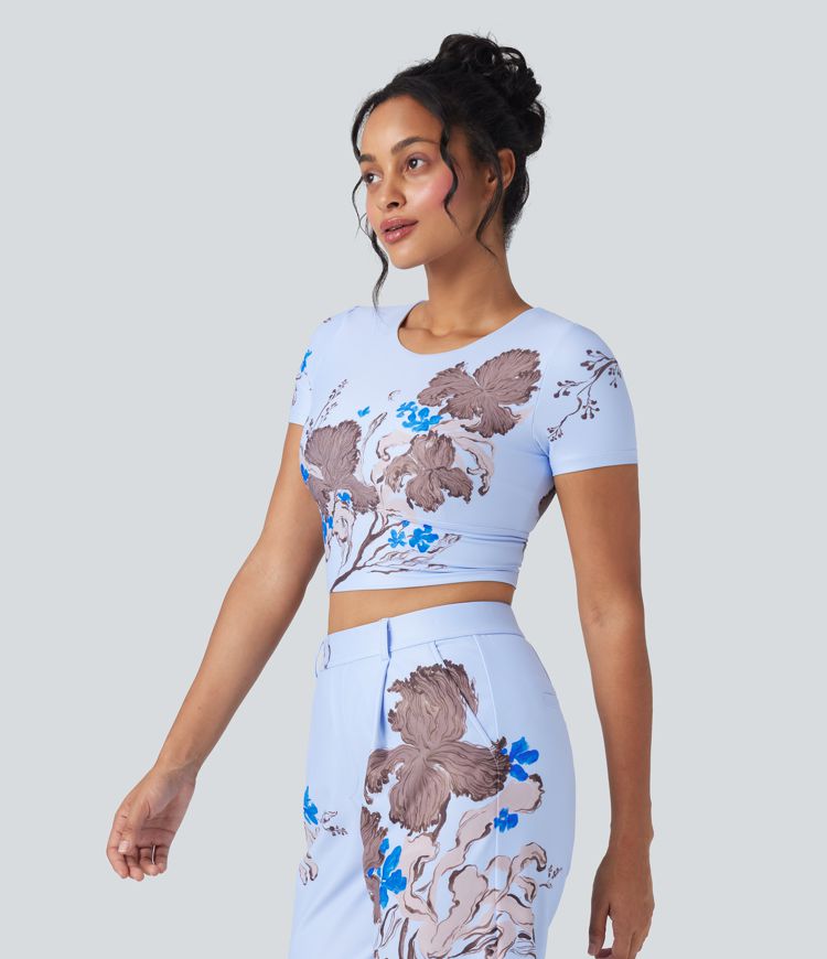 Halara X Yukiko Crisscross Backless Floral Print Cropped Workout Sports Top