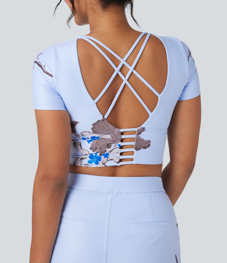 Halara X Yukiko Crisscross Backless Floral Print Cropped Workout Sports Top
