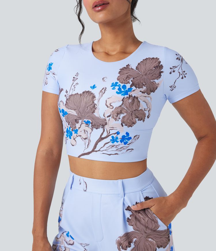 Halara X Yukiko Crisscross Backless Floral Print Cropped Workout Sports Top