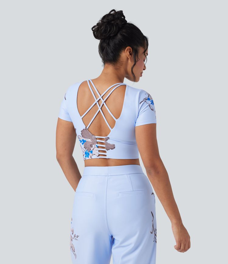 Halara X Yukiko Crisscross Backless Floral Print Cropped Workout Sports Top