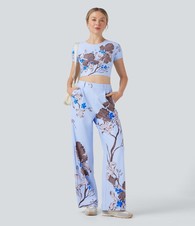 Halara X Yukiko High Waisted Straight Leg Floral Print Casual Pants with Pockets