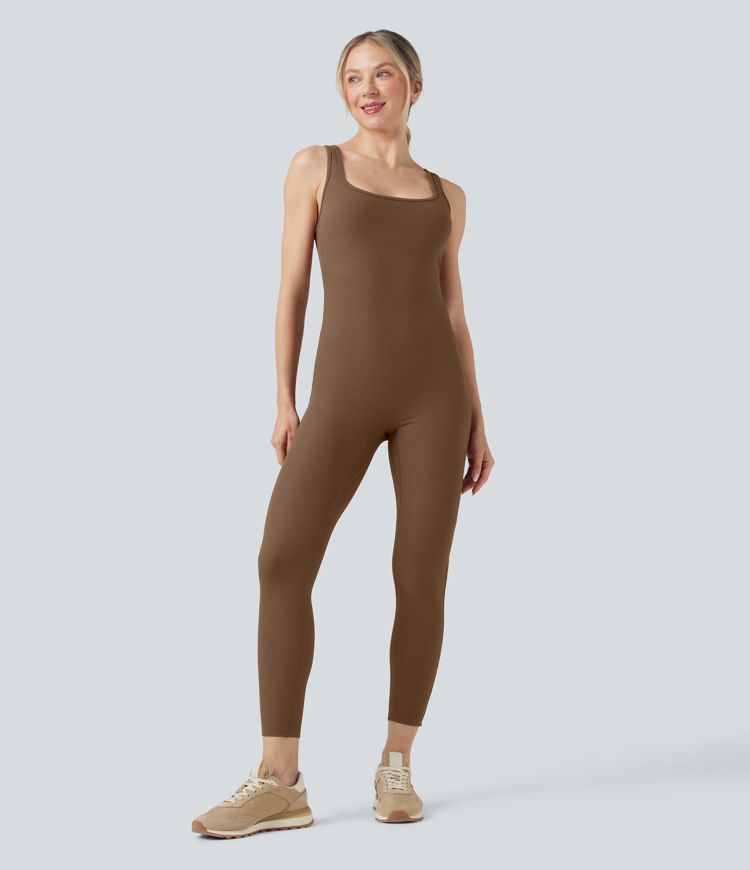 Ribbed Square Neck Cut Out Workout Jumpsuit