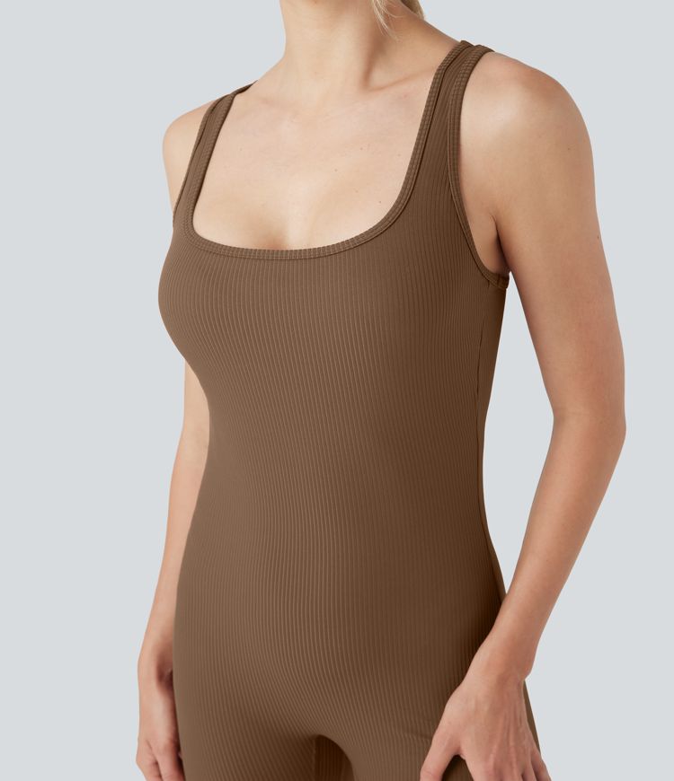 Ribbed Square Neck Cut Out Workout Jumpsuit