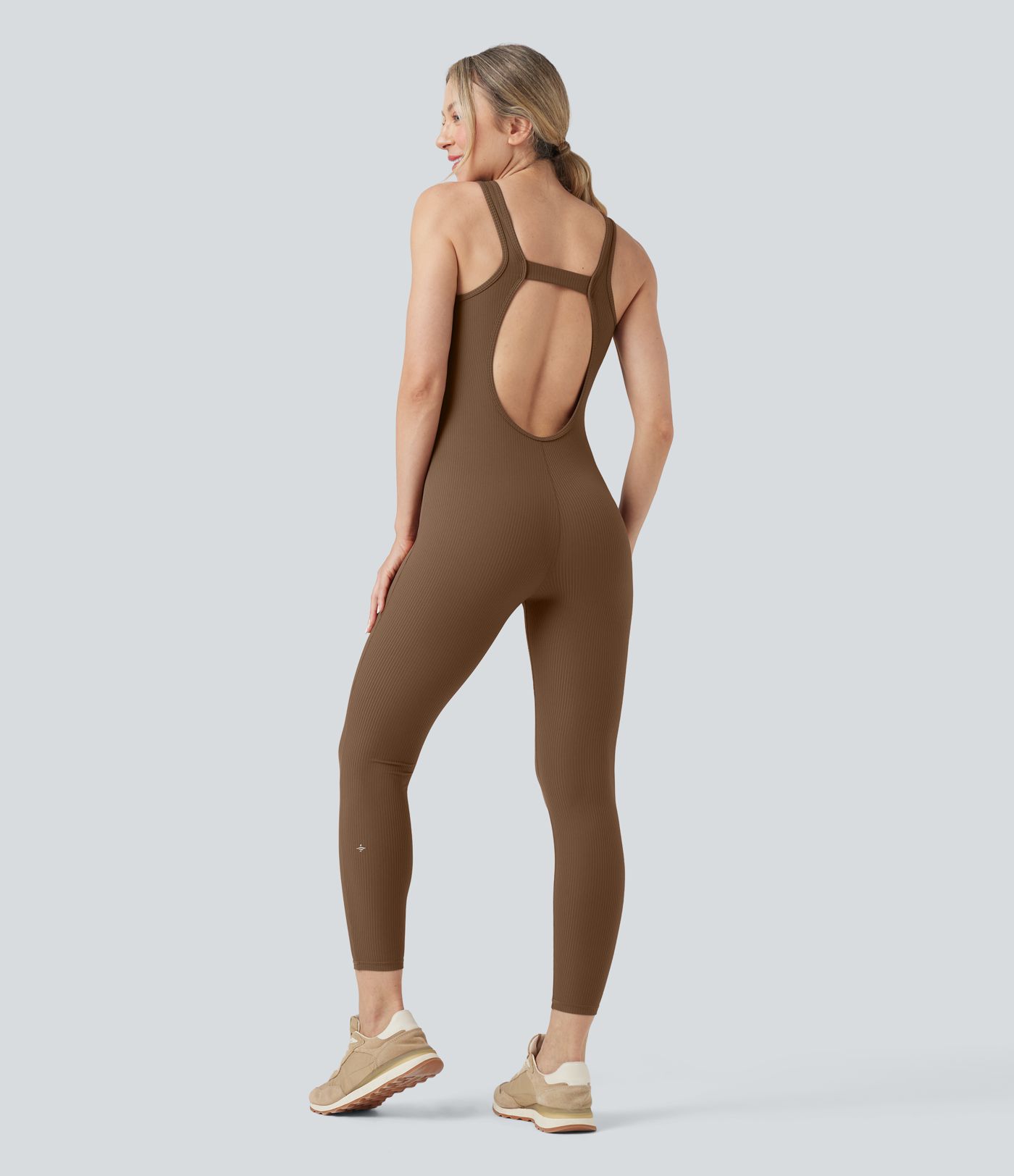 Ribbed Square Neck Cut Out Workout Jumpsuit