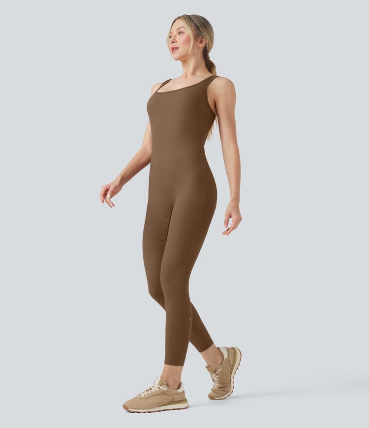 Ribbed Square Neck Cut Out Workout Jumpsuit